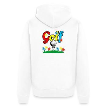 Bâton de golf et balle sur la pelouse avec des fleurs - Veste à capuche bio Premium Unisexe - blanc - Dos - Thijin (182cm)