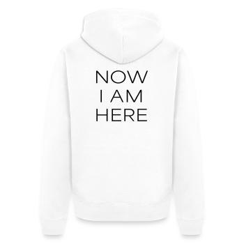 now i am here #1 - Unisex Premium Bio Zip Hoodie - Weiß - Hinten - Thijin (182cm)