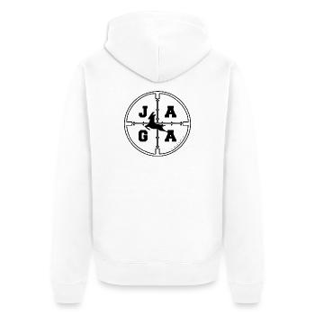 Jaga - Jäger - Österreichischer Dialekt - Unisex Premium Bio Zip Hoodie - Weiß - Hinten - Thijin (182cm)