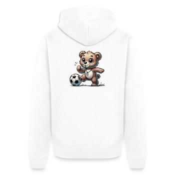Bär & Trillerpfeife, der mit einem Fußball spielt - Unisex Premium Bio Zip Hoodie - Weiß - Hinten - Thijin (182cm)