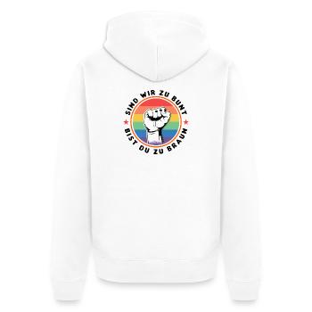 ARE WE TOO COLOURFUL - ARE YOU TOO BROWN - AGAINST THE RIGHT - Unisex Premium Organic Zip Hoodie - white - Back - Thijin (182cm)