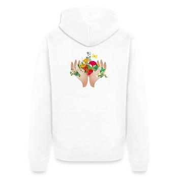 Deux mains protectrices tenant de nombreuses fleurs - Veste à capuche bio Premium Unisexe - blanc - Dos - Thijin (182cm)