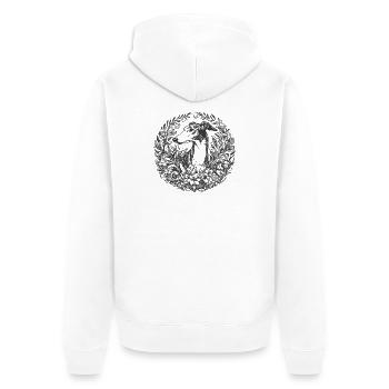 Galgoportrait im floralen Kranz - Unisex Premium Bio Zip Hoodie - Weiß - Hinten - Thijin (182cm)