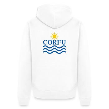 Korfu-Sonnenwellen-Logo - Unisex Premium Bio Zip Hoodie - Weiß - Hinten - Thijin (182cm)