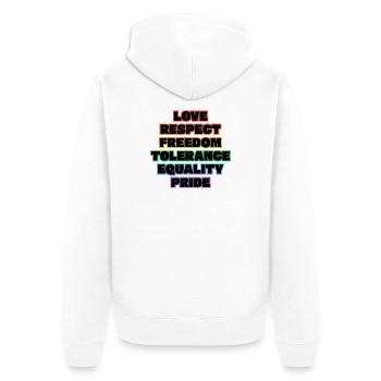 Liebe, Respekt, Freiheit, Toleranz, Gleichheit, Stolz, - Unisex Premium Bio Zip Hoodie - Weiß - Hinten - Thijin (182cm)