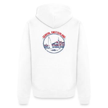 Geneva Switzerland Cityscape and Lake Emblem - Unisex Premium Organic Zip Hoodie - white - Back - Thijin (182cm)