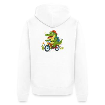 Crocodile joyeux allant à l’école à vélo - Veste à capuche bio Premium Unisexe - blanc - Dos - Thijin (182cm)