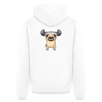 Mops Hund Fitnessgewichtheber Hantel Gym - Unisex Premium Bio Zip Hoodie - Weiß - Hinten - Thijin (182cm)