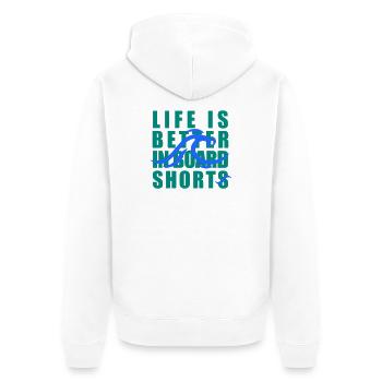 Life Is Better in Board Shorts – Surf Welle - Unisex Premium Bio Zip Hoodie - Weiß - Hinten - Thijin (182cm)