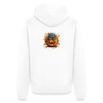 Lachender Kürbis mit Brille und blauem Hut - Unisex Premium Bio Zip Hoodie - Weiß - Hinten - Thijin (182cm)