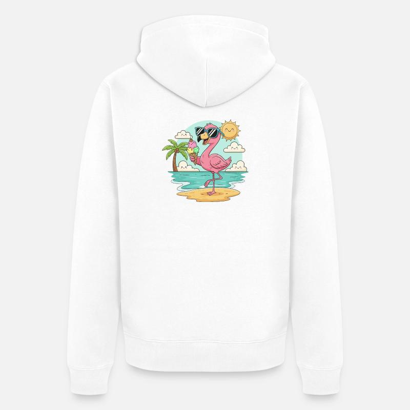 Flamingo am Strand mit Eis & Sonne - Unisex Premium Bio Zip Hoodie - Weiß