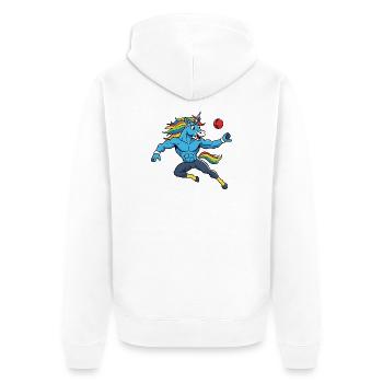 Muskulöses Regenbogen Einhorn Cricket Spieler - Unisex Premium Bio Zip Hoodie - Weiß - Hinten - Thijin (182cm)