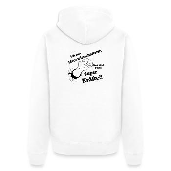 Hauswirtschafterin super,Fun Shirt (25) - Unisex Premium Bio Zip Hoodie - Weiß - Hinten - Thijin (182cm)
