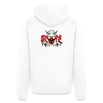 Goldener Oni mit Brille und Strahlen - Unisex Premium Bio Zip Hoodie - Weiß - Hinten - Thijin (182cm)