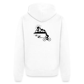 Cycliste avec des montagnes en arrière-plan et le soleil qui disparaît - Veste à capuche bio Premium Unisexe - blanc - Dos - Thijin (182cm)