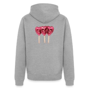 Pink Schädel Lollis - Unisex Premium Bio Zip Hoodie - Grau meliert - Hinten - Nico (187cm)