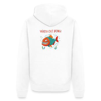 Piranha: Lächeln und Warnen... - Unisex Premium Bio Zip Hoodie - Weiß - Hinten - Thijin (182cm)
