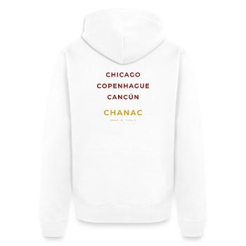 Chanac Lozère - Chicago - Copenhague - Cancùn - Veste à capuche bio Premium Unisexe - blanc - Dos - Thijin (182cm)