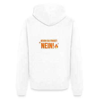Bevor du fragst: Nein! Morgenmuffel Statement - Unisex Premium Bio Zip Hoodie - Weiß - Hinten - Thijin (182cm)
