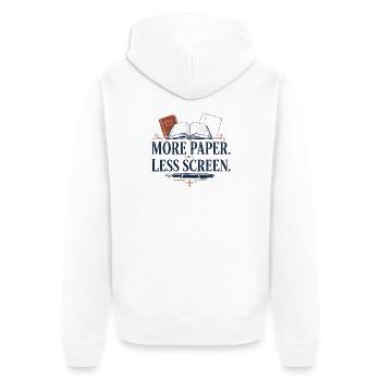 More Paper Less Screen - Unisex Premium Bio Zip Hoodie - Weiß - Hinten - Thijin (182cm)