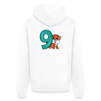 9e anniversaire Motif Tiger - Neuf ans - Veste à capuche bio Premium Unisexe - blanc - Dos - Thijin (182cm)