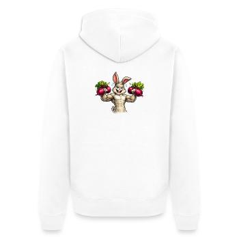 Hase im Gym mit Rote-Rüben-Hanteln  - Unisex Premium Bio Zip Hoodie - Weiß - Hinten - Thijin (182cm)