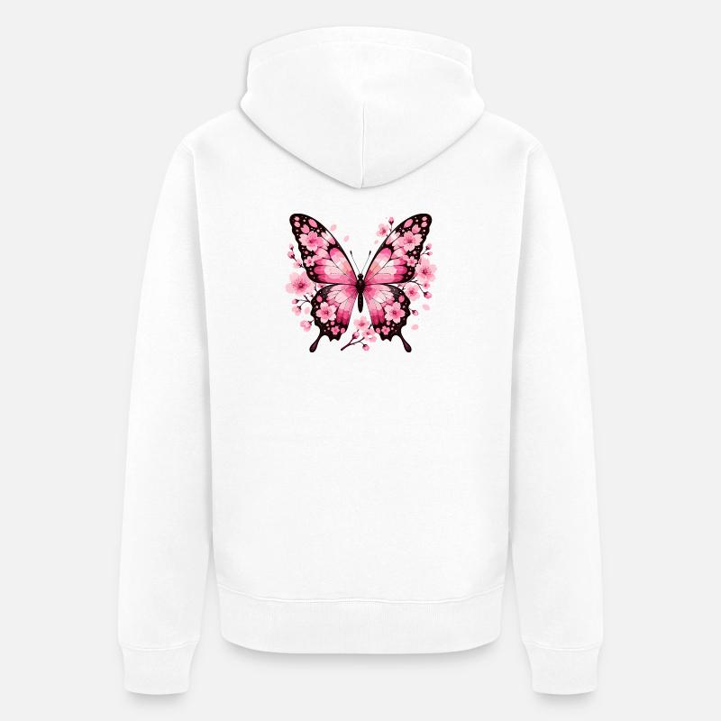 Papillon aux ailes de fleurs roses - Veste à capuche bio Premium Unisexe - blanc