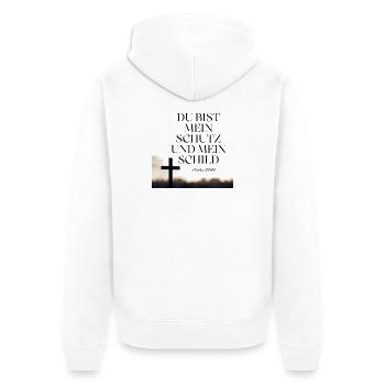 Du bist mein Schutz und Schild – Psalm 119 - Unisex Premium Bio Zip Hoodie - Weiß - Hinten - Thijin (182cm)