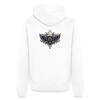 Mondgeist-Eulenemblem mit violettem Kristall - Unisex Premium Bio Zip Hoodie - Weiß - Hinten - Thijin (182cm)
