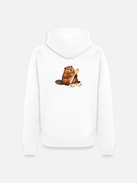 Biber schnitzt einen Holzlöffel - Unisex Premium Bio Zip Hoodie - Weiß