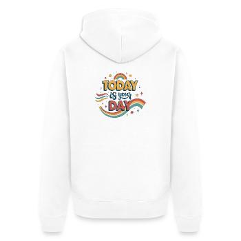Heute ist dein Tag - Unisex Premium Bio Zip Hoodie - Weiß - Hinten - Thijin (182cm)