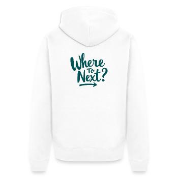 Où aller ensuite avec un t-shirt de voyage lettré à la main - Veste à capuche bio Premium Unisexe - blanc - Dos - Thijin (182cm)