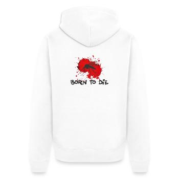 Geboren zum Sterben – Mückenblut Spritzer Dunkler Humor - Unisex Premium Bio Zip Hoodie - Weiß - Hinten - Thijin (182cm)