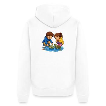 Kinder Schildkröte Blattboot in Pfütze Süß Motiv - Unisex Premium Bio Zip Hoodie - Weiß - Hinten - Thijin (182cm)
