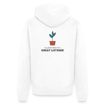 Meine Pflanzen denken, ich bin ein großartiger Zuhörer - Unisex Premium Bio Zip Hoodie - Weiß - Hinten - Thijin (182cm)