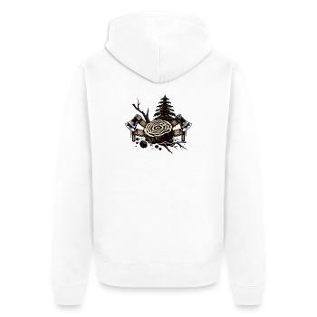Holzfäller Motiv mit Baumstamm und Äxten - Unisex Premium Bio Zip Hoodie - Weiß - Hinten - Thijin (182cm)