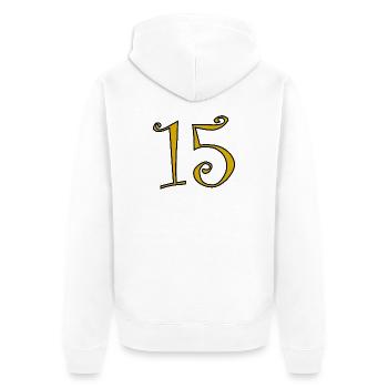 15. 15 JAHRE. 15-JÄHRIGES JUBILÄUM. 15-JÄHRIGES JUBILÄUM. - Unisex Premium Bio Zip Hoodie - Weiß - Hinten - Thijin (182cm)