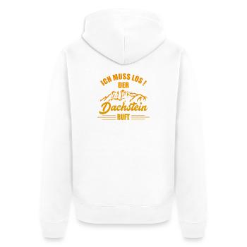 Ich muss  los der Dachstein ruft Goldgelb - Unisex Premium Bio Zip Hoodie - Weiß - Hinten - Thijin (182cm)