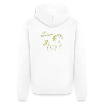 Isi Pisi Lemon Squeezi - Gelb -  by Maison Bichon - Unisex Premium Bio Zip Hoodie - Weiß - Hinten - Thijin (182cm)