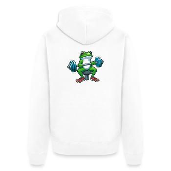 Starker Frosch Workout Hanteltraining - Unisex Premium Bio Zip Hoodie - Weiß - Hinten - Thijin (182cm)