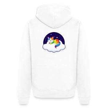 Kunterbunte Katze schwebt auf Wolke (Nacht) - Unisex Premium Bio Zip Hoodie - Weiß - Hinten - Thijin (182cm)
