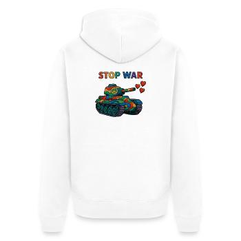 Regenbogen Panzer mit Peace-Zeichen – STOP WAR - Unisex Premium Bio Zip Hoodie - Weiß - Hinten - Thijin (182cm)