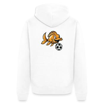 Goldfisch Kicker mit Fußball - Unisex Premium Bio Zip Hoodie - Weiß - Hinten - Thijin (182cm)