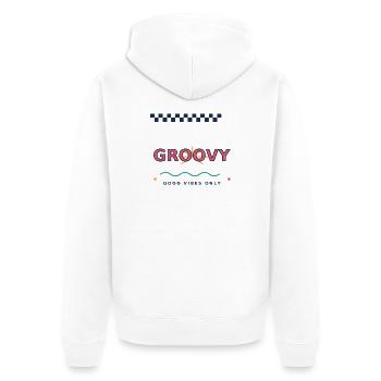Nur groovy-Good_Vibes, Retro Y2K Typografie - Unisex Premium Bio Zip Hoodie - Weiß - Hinten - Thijin (182cm)