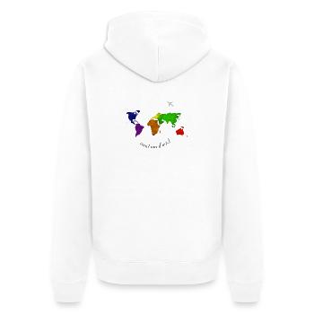 rund um d'Wöd - rund um die Welt, Dialekt - Unisex Premium Bio Zip Hoodie - Weiß - Hinten - Thijin (182cm)