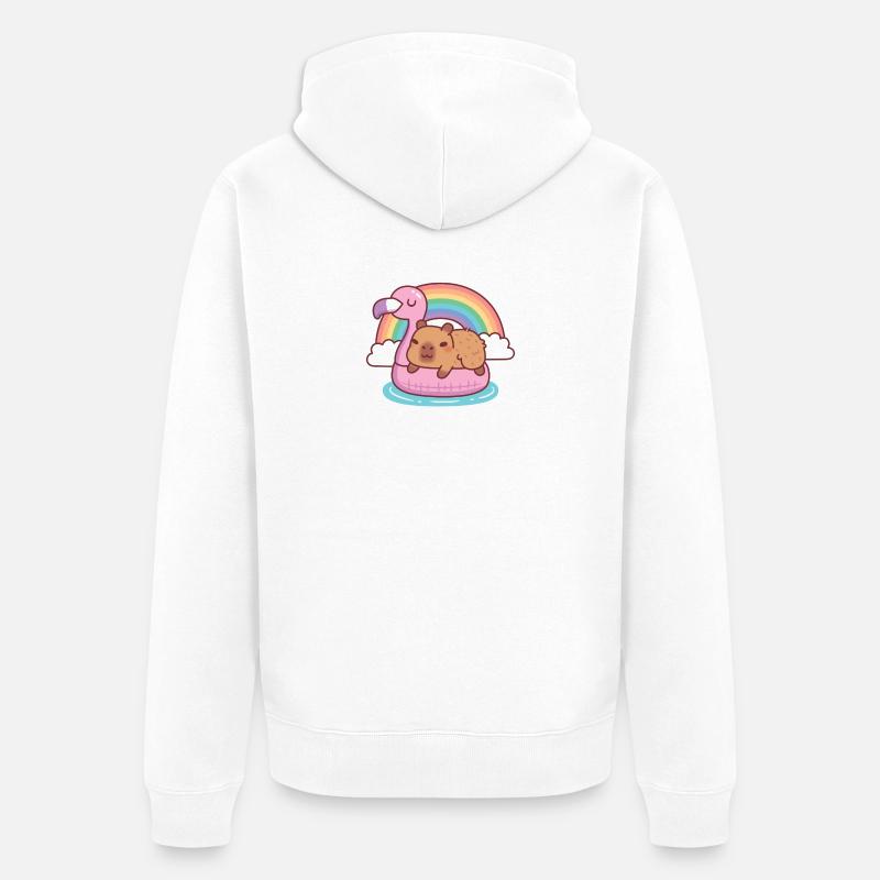 Niedliche Kapybara chillt auf Flamingo-Float-Regenbogen - Unisex Premium Bio Zip Hoodie - Weiß