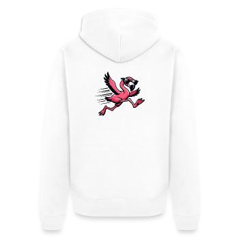 Flamant rose en course avec des lunettes de soleil - Veste à capuche bio Premium Unisexe - blanc - Dos - Thijin (182cm)