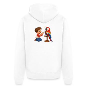 Bunter Papagei klatscht mit staunendem Jungen - Unisex Premium Bio Zip Hoodie - Weiß - Hinten - Thijin (182cm)