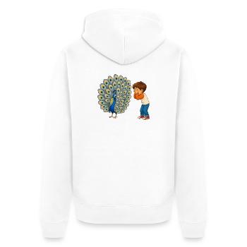Junge staunt über prächtigen Pfau mit Federpracht - Unisex Premium Bio Zip Hoodie - Weiß - Hinten - Thijin (182cm)