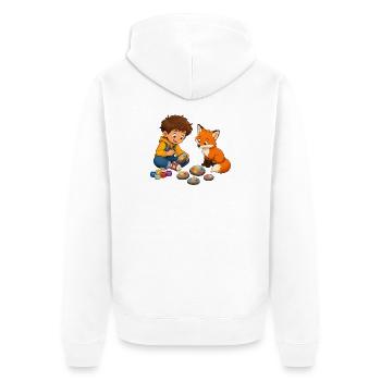Junge bemalt bunte Steine mit neugierigem Fuchs - Unisex Premium Bio Zip Hoodie - Weiß - Hinten - Thijin (182cm)
